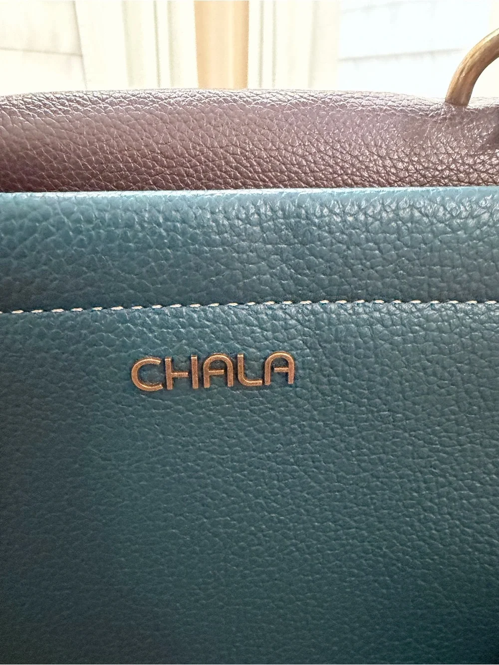 Chala Teal and Brown Leather Top-Handle Bag and Peacock Charm Purse